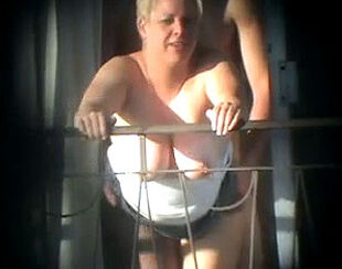 Ample knockers mature Plumper public porked on the balcony